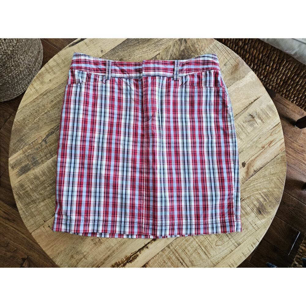 Chaps Women's Red Blue Plaid Flat Front Skirt Pockets 100% Cotton Preppy Size 8